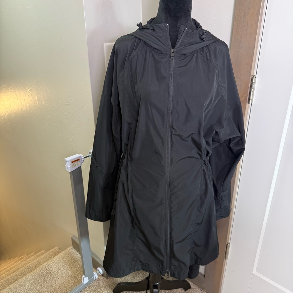Athleta Black Hooded Long Rain Jacket